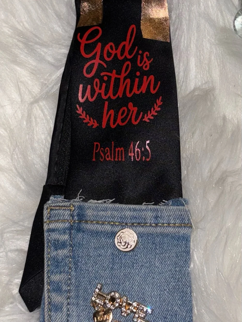 Statement Satin & Denim Religious Tie - Black, Blue, Gold